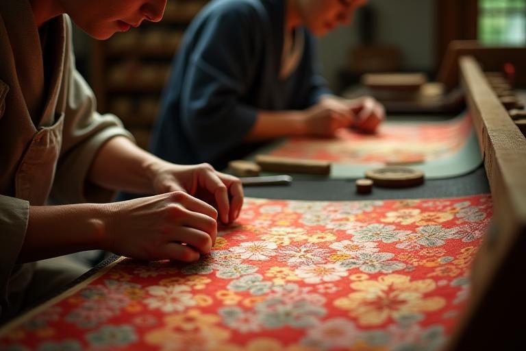 Artisans working on traditional textiles in a bright studio, showing detailed handwork