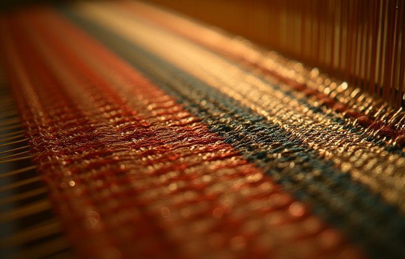 Close-up view of a traditional Nishijin weaving loom with intricate threads in progress