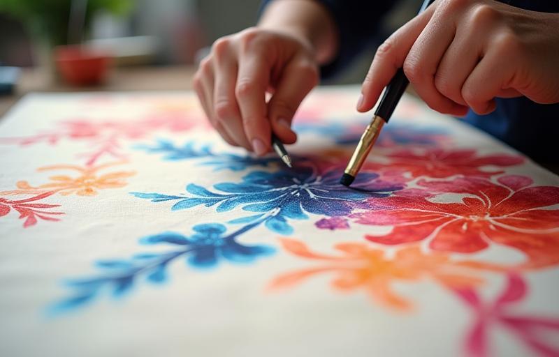 Artisan applying dye using the Kyo-Yuzen technique with a fine brush on silk