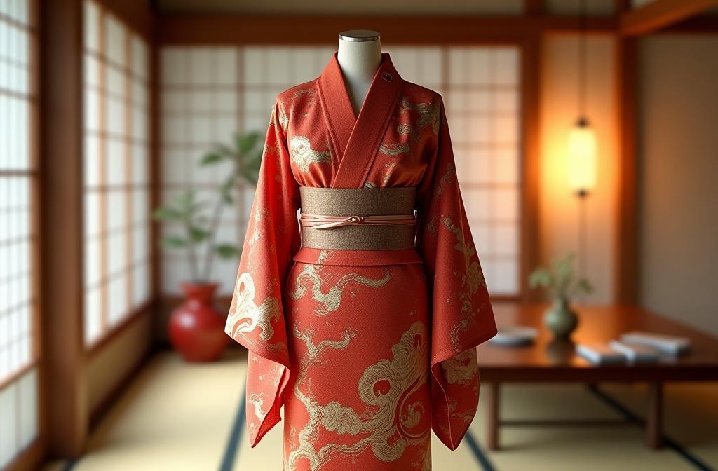 Elegant kimono displayed in a traditional setting with intricate patterns visible