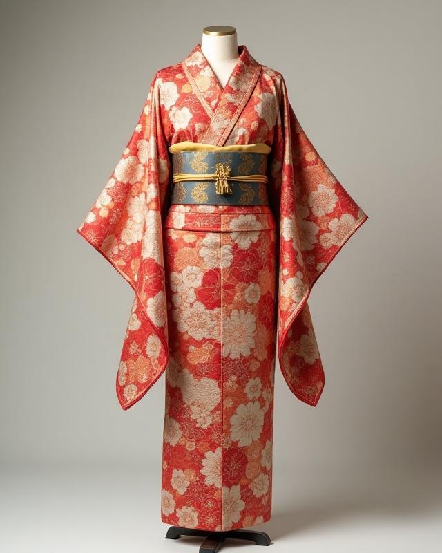 Elegant kimono with intricate floral pattern displayed