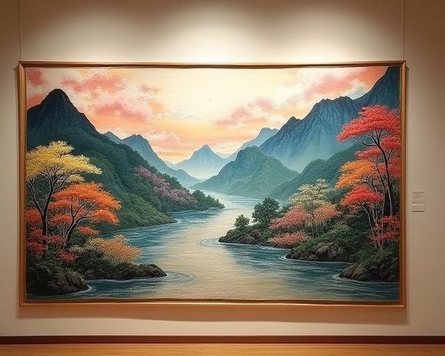 Yuzen dyed silk art piece depicting natural scene